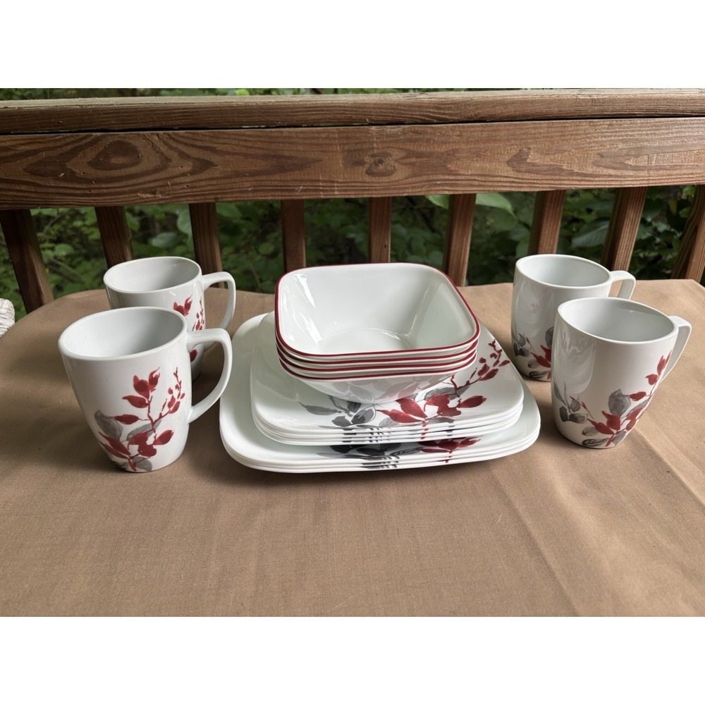 Corelle Kyoto Leaves 15 Pc Square Set 3 Dinner Plates 4 Luncheon 4 Bowls 4 Mugs
